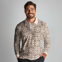 Beige Palaka Quilt Hawaii Long Sleeve Polo Shirt Hawaiian Tropical Monstera Sea Turtle LT14 - Polynesian Pride