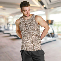 Beige Palaka Quilt Hawaii Men Tank Top Hawaiian Tropical Monstera Sea Turtle LT14 Beige - Polynesian Pride