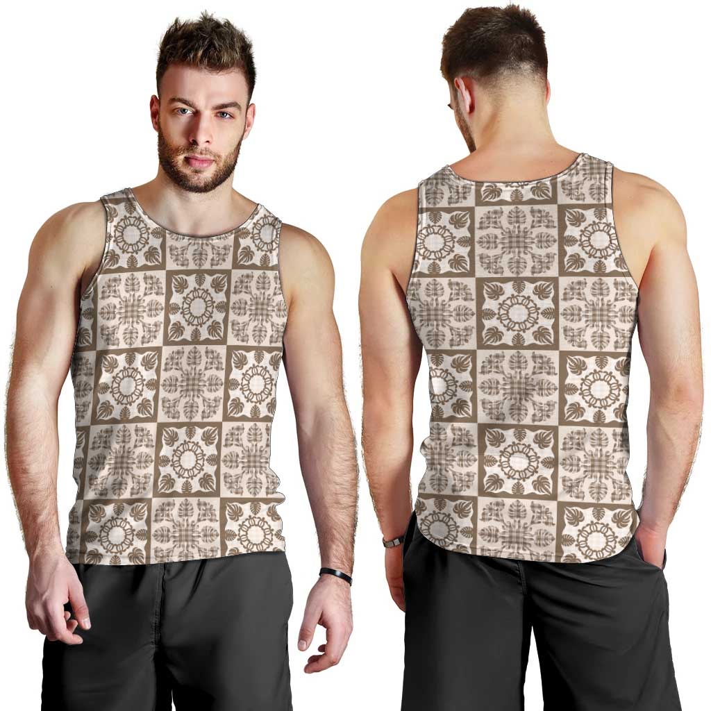 Beige Palaka Quilt Hawaii Men Tank Top Hawaiian Tropical Monstera Sea Turtle LT14 - Polynesian Pride