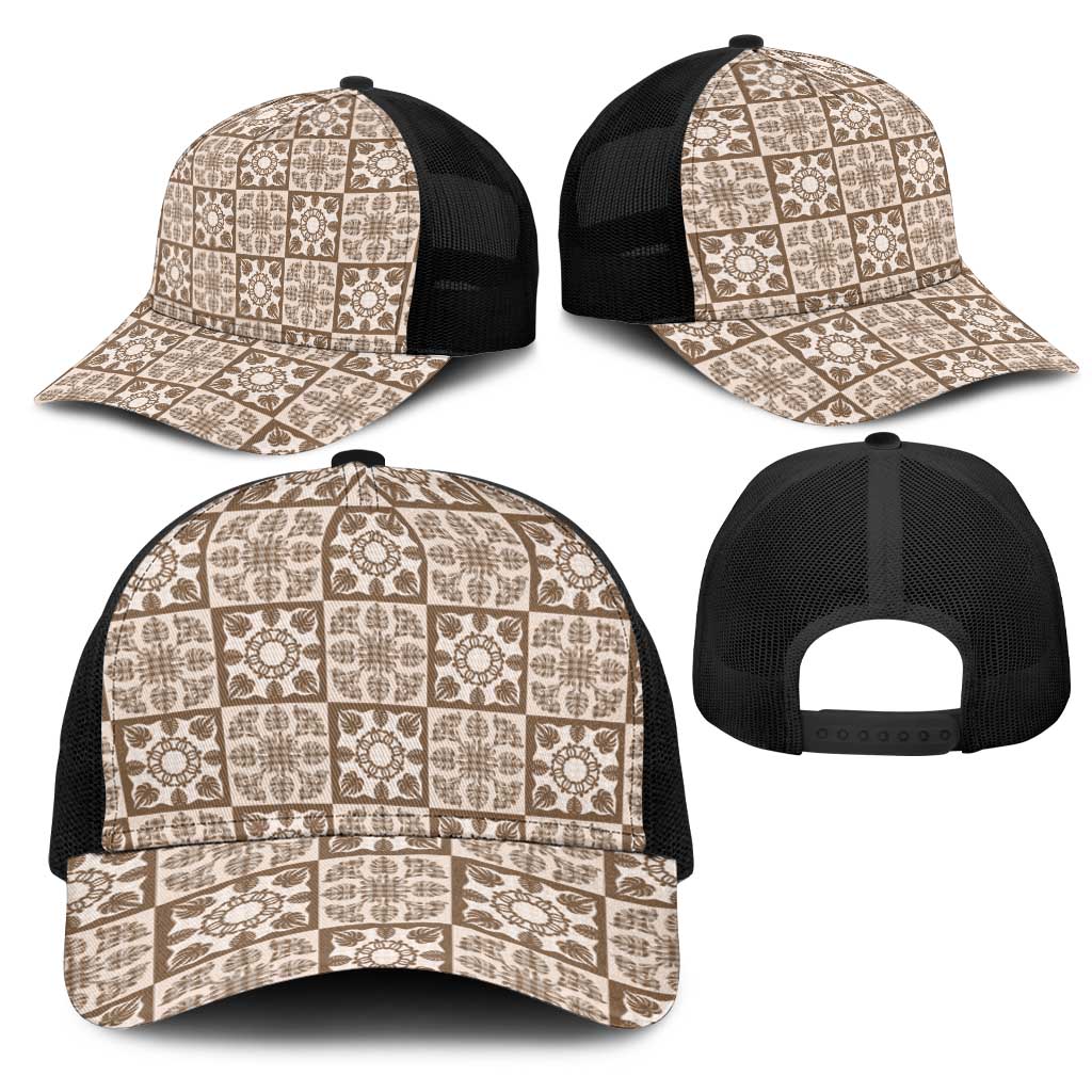 Beige Palaka Quilt Hawaii Mesh Trucker Cap Hawaiian Tropical Monstera Sea Turtle LT14 - Polynesian Pride
