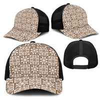 Beige Palaka Quilt Hawaii Mesh Trucker Cap Hawaiian Tropical Monstera Sea Turtle LT14 - Polynesian Pride