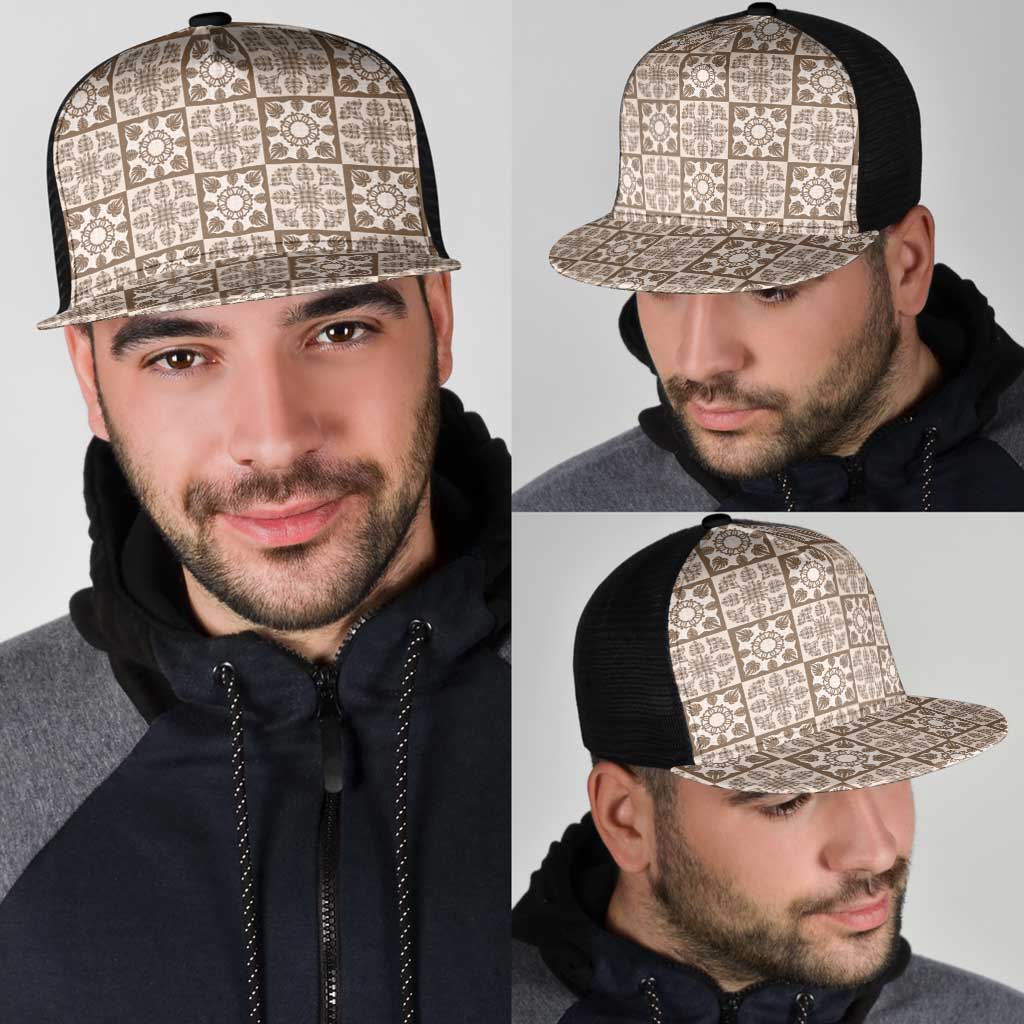 Beige Palaka Quilt Hawaii Mesh Trucker Cap Hawaiian Tropical Monstera Sea Turtle LT14 - Polynesian Pride