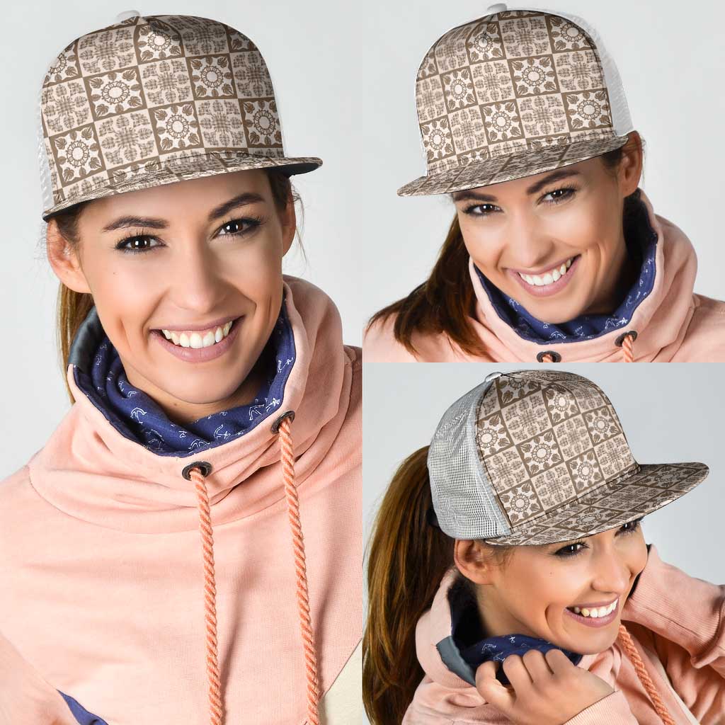 Beige Palaka Quilt Hawaii Mesh Trucker Cap Hawaiian Tropical Monstera Sea Turtle LT14 - Polynesian Pride