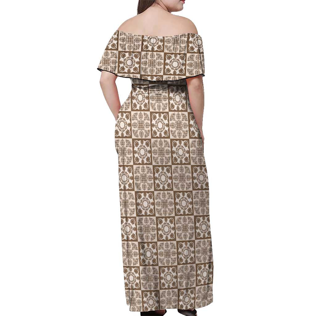 Beige Palaka Quilt Hawaii Off Shoulder Maxi Dress Hawaiian Tropical Monstera Sea Turtle LT14 - Polynesian Pride
