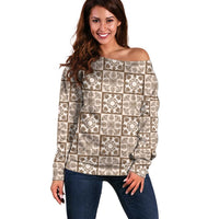 Beige Palaka Quilt Hawaii Off Shoulder Sweater Hawaiian Tropical Monstera Sea Turtle