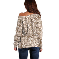 Beige Palaka Quilt Hawaii Off Shoulder Sweater Hawaiian Tropical Monstera Sea Turtle