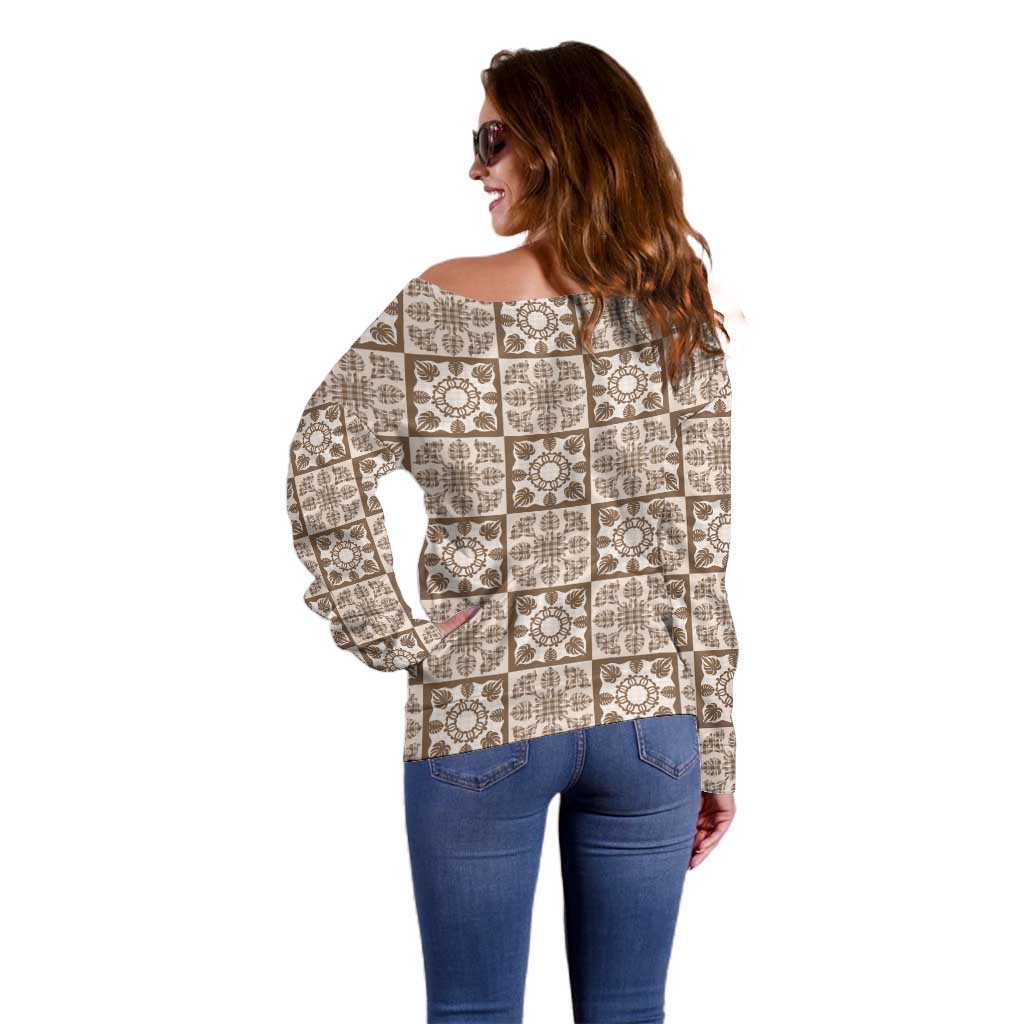 Beige Palaka Quilt Hawaii Off Shoulder Sweater Hawaiian Tropical Monstera Sea Turtle