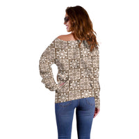Beige Palaka Quilt Hawaii Off Shoulder Sweater Hawaiian Tropical Monstera Sea Turtle