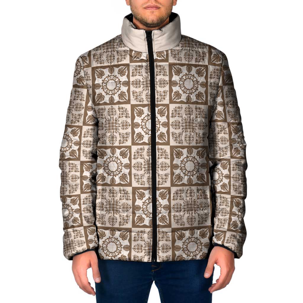 Beige Palaka Quilt Hawaii Padded Jacket Hawaiian Tropical Monstera Sea Turtle LT14 Men Beige - Polynesian Pride