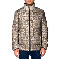 Beige Palaka Quilt Hawaii Padded Jacket Hawaiian Tropical Monstera Sea Turtle LT14 Men Beige - Polynesian Pride