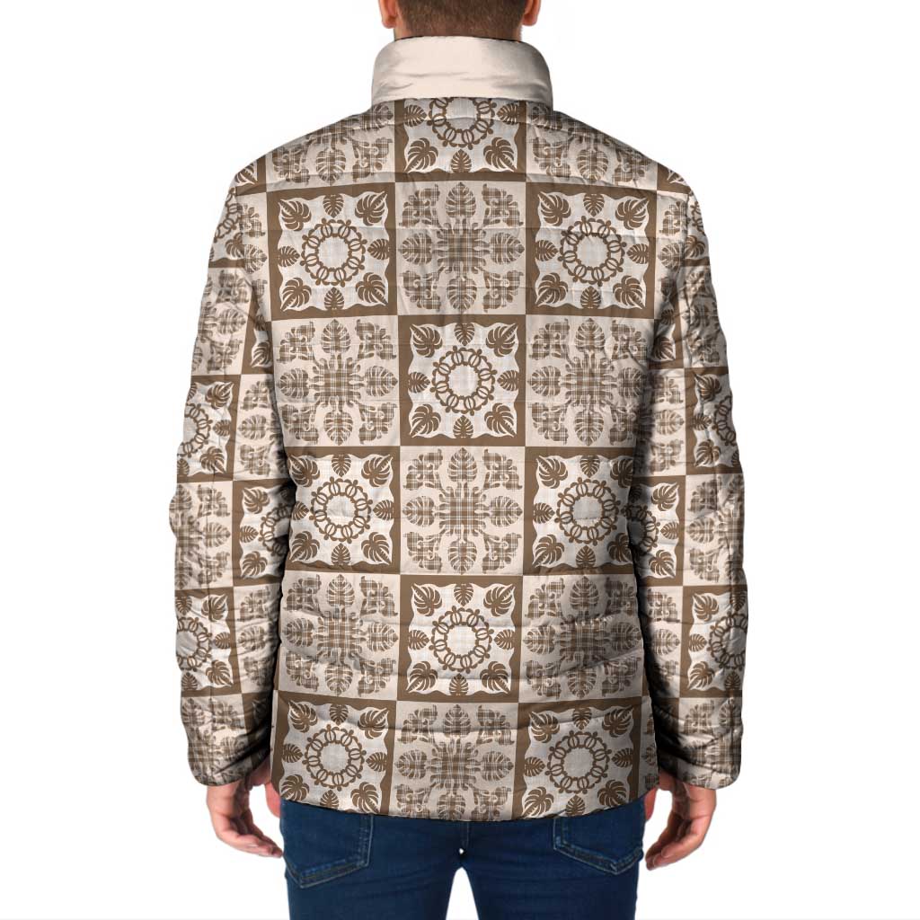 Beige Palaka Quilt Hawaii Padded Jacket Hawaiian Tropical Monstera Sea Turtle LT14 - Polynesian Pride