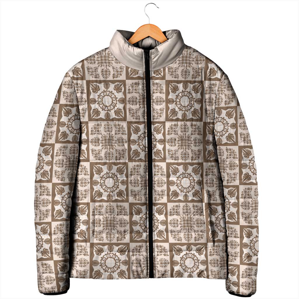 Beige Palaka Quilt Hawaii Padded Jacket Hawaiian Tropical Monstera Sea Turtle LT14 - Polynesian Pride