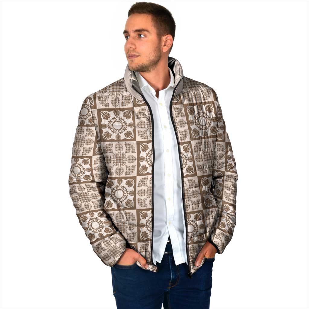 Beige Palaka Quilt Hawaii Padded Jacket Hawaiian Tropical Monstera Sea Turtle LT14 - Polynesian Pride