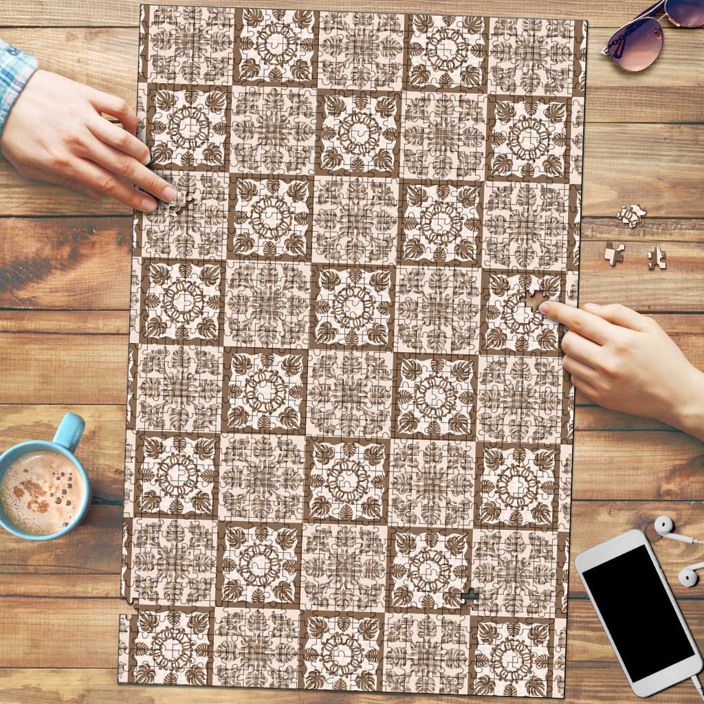 Beige Palaka Quilt Hawaii Puzzle Hawaiian Tropical Monstera Sea Turtle LT14 Beige - Polynesian Pride