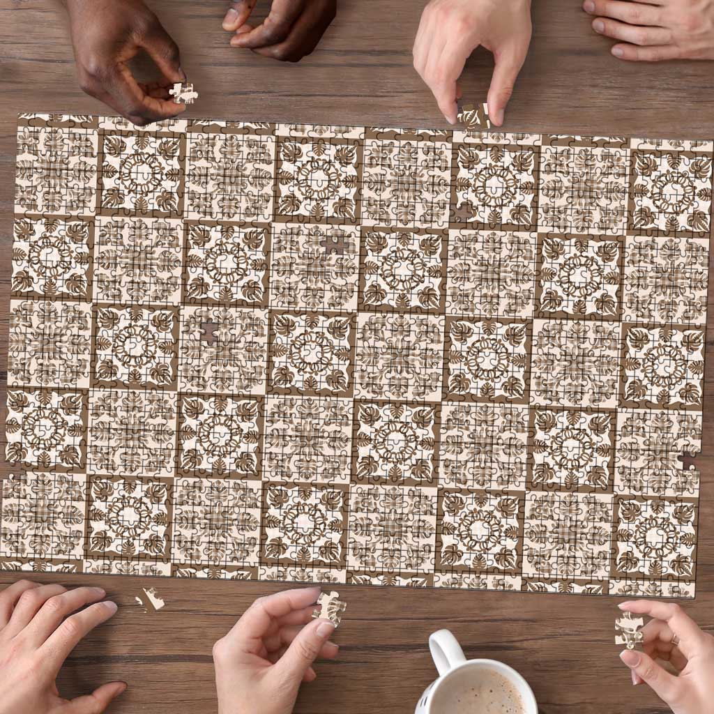 Beige Palaka Quilt Hawaii Puzzle Hawaiian Tropical Monstera Sea Turtle LT14 - Polynesian Pride