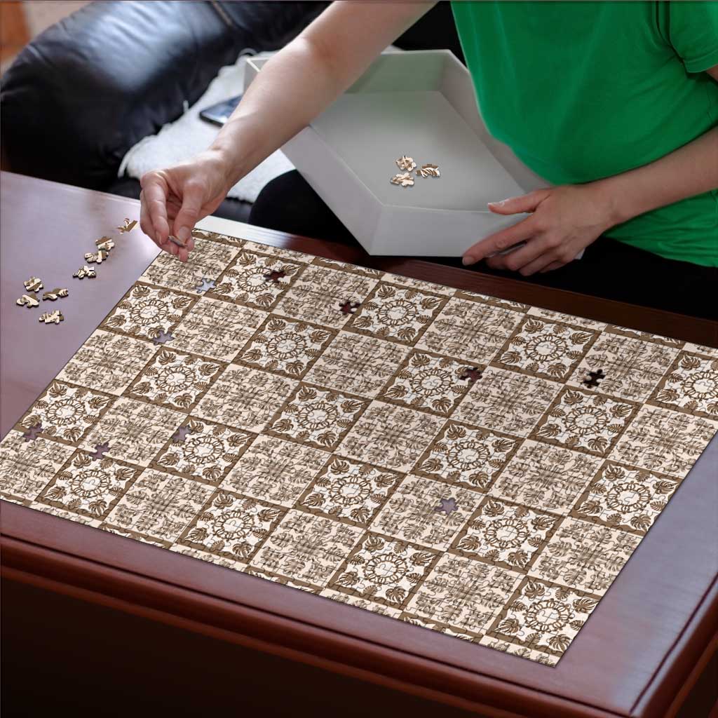 Beige Palaka Quilt Hawaii Puzzle Hawaiian Tropical Monstera Sea Turtle LT14 - Polynesian Pride
