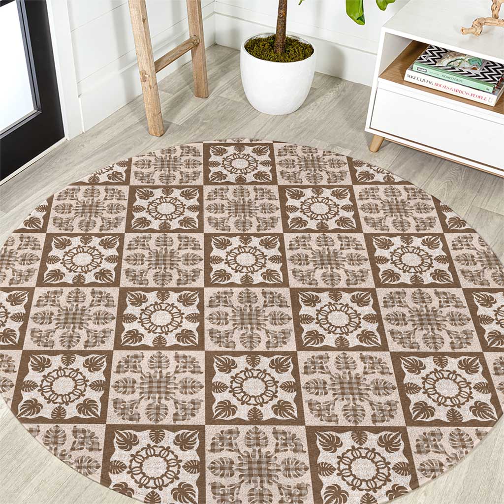 Beige Palaka Quilt Hawaii Round Carpet Hawaiian Tropical Monstera Sea Turtle LT14 Beige - Polynesian Pride