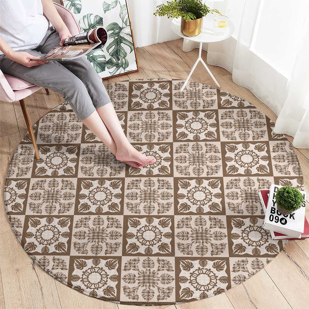 Beige Palaka Quilt Hawaii Round Carpet Hawaiian Tropical Monstera Sea Turtle LT14 - Polynesian Pride