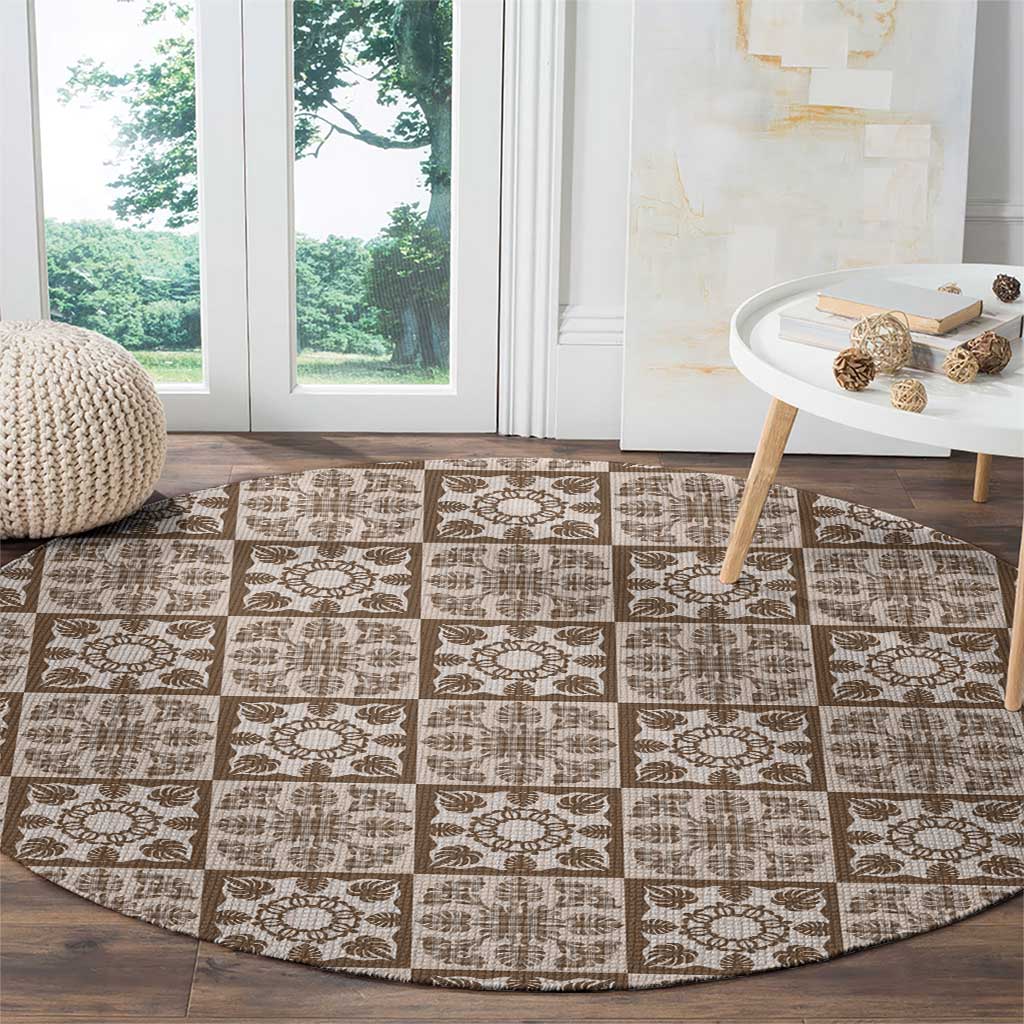 Beige Palaka Quilt Hawaii Round Carpet Hawaiian Tropical Monstera Sea Turtle LT14 - Polynesian Pride