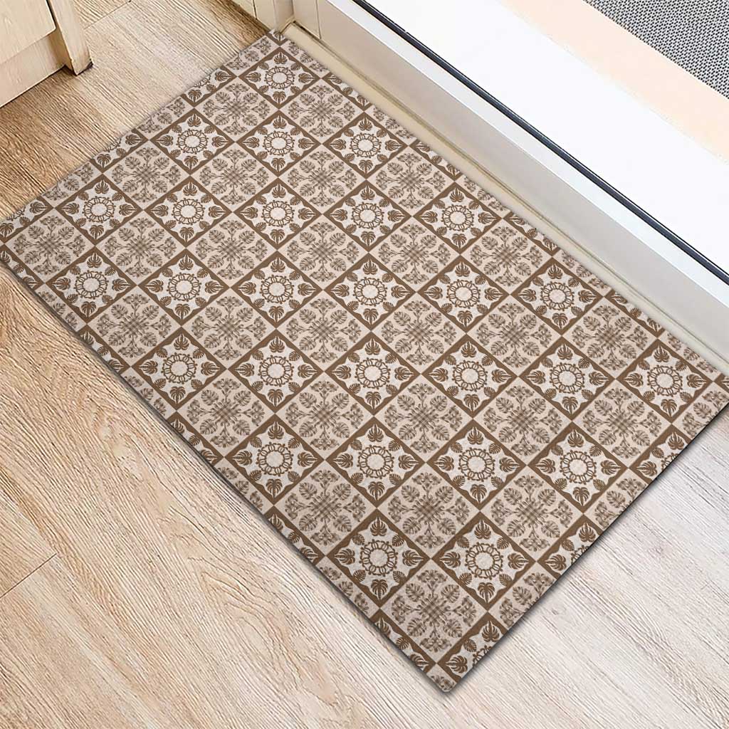 Beige Palaka Quilt Hawaii Rubber Doormat Hawaiian Tropical Monstera Sea Turtle LT14 - Polynesian Pride