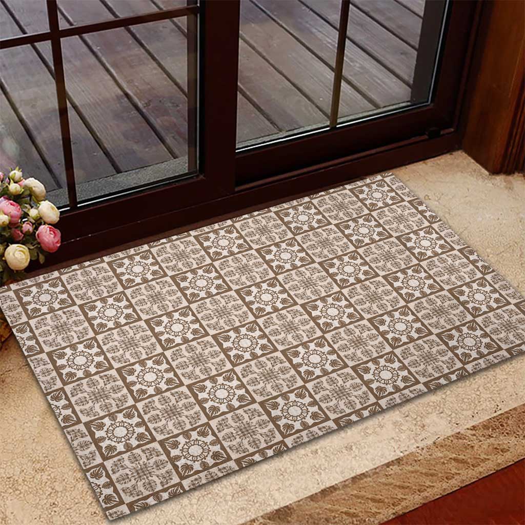 Beige Palaka Quilt Hawaii Rubber Doormat Hawaiian Tropical Monstera Sea Turtle LT14 - Polynesian Pride