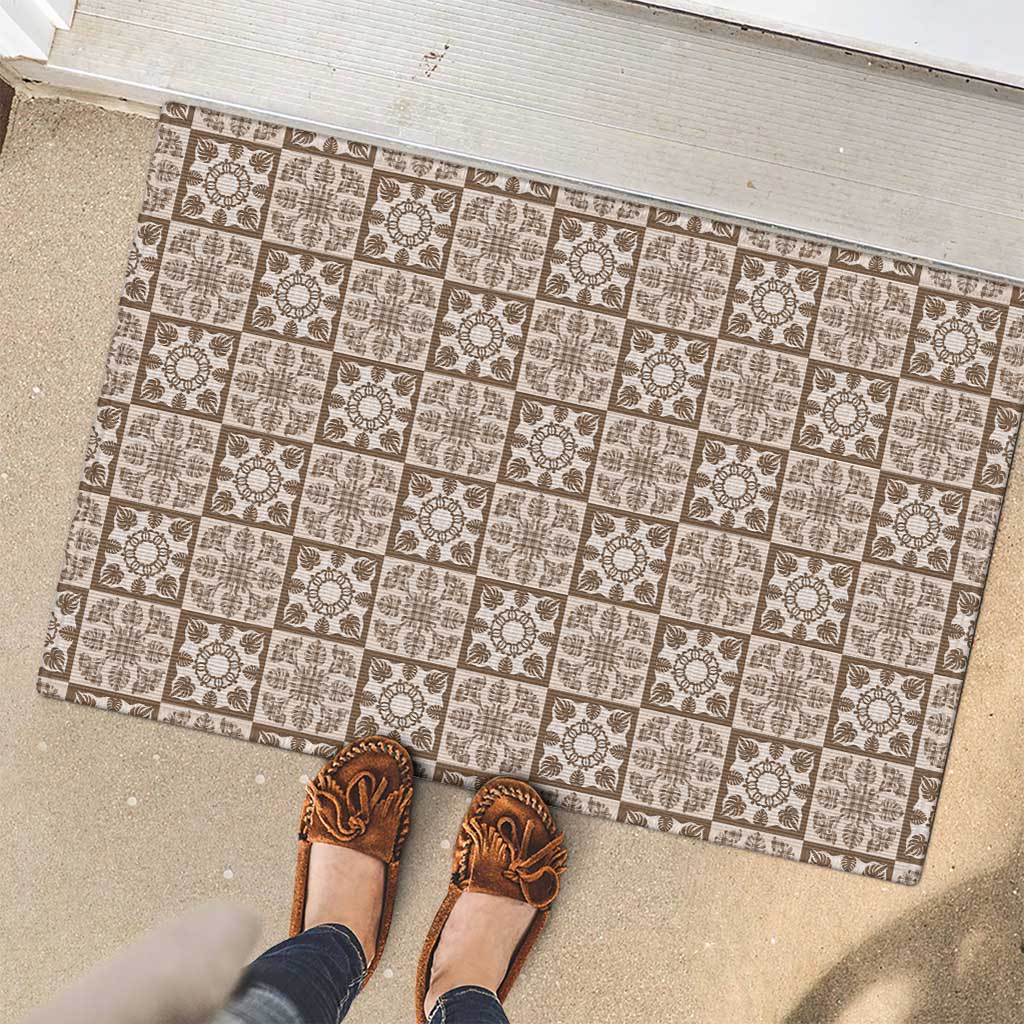 Beige Palaka Quilt Hawaii Rubber Doormat Hawaiian Tropical Monstera Sea Turtle LT14 - Polynesian Pride
