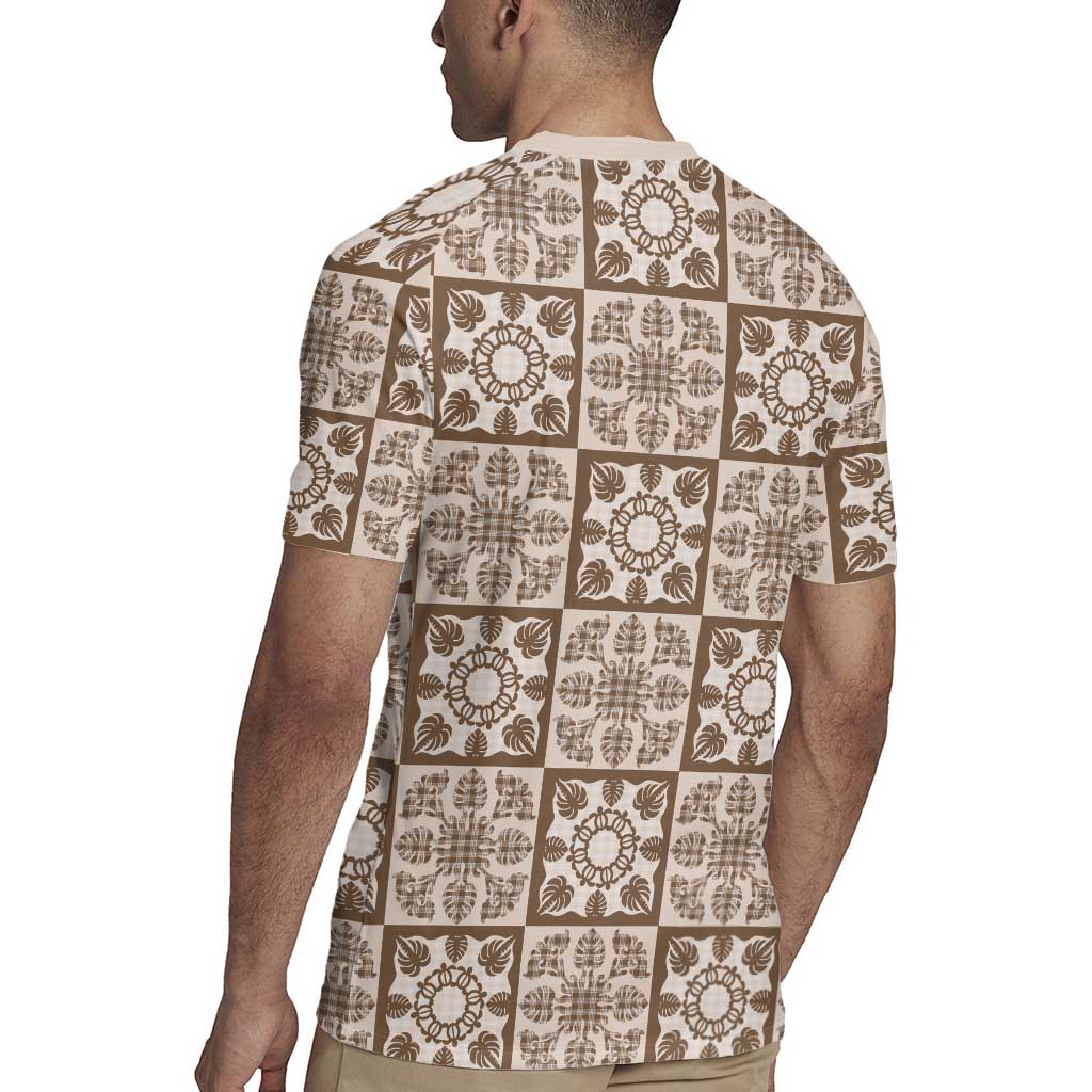 Beige Palaka Quilt Hawaii Rugby Jersey Hawaiian Tropical Monstera Sea Turtle LT14 - Polynesian Pride