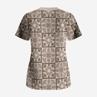 Beige Palaka Quilt Hawaii Scrub Top Hawaiian Tropical Monstera Sea Turtle LT14 - Polynesian Pride