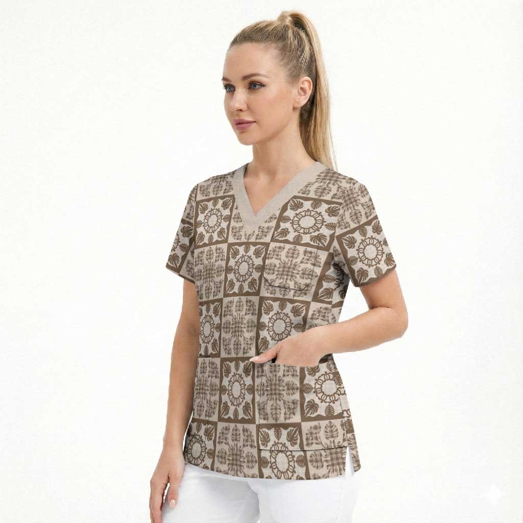 Beige Palaka Quilt Hawaii Scrub Top Hawaiian Tropical Monstera Sea Turtle LT14 - Polynesian Pride