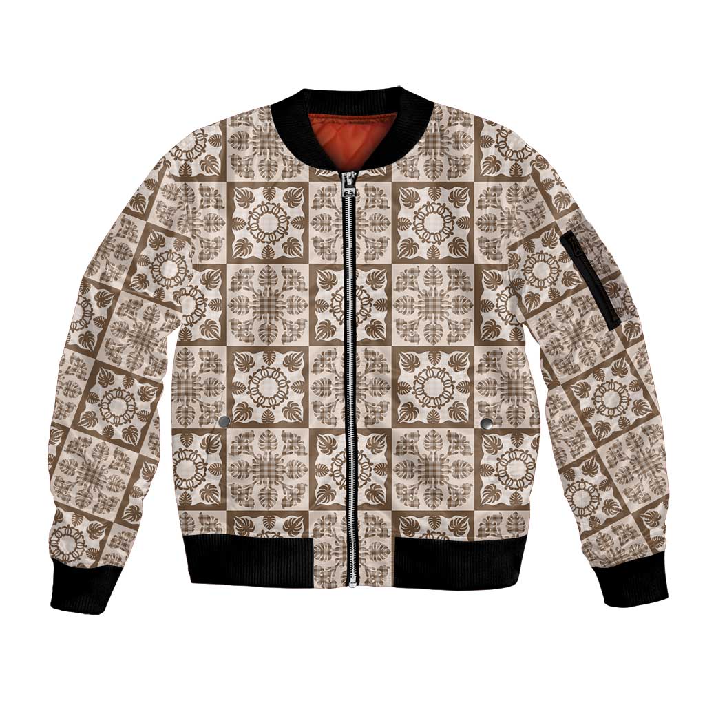Beige Palaka Quilt Hawaii Sleeve Zip Bomber Jacket Hawaiian Tropical Monstera Sea Turtle LT14 Unisex Beige - Polynesian Pride