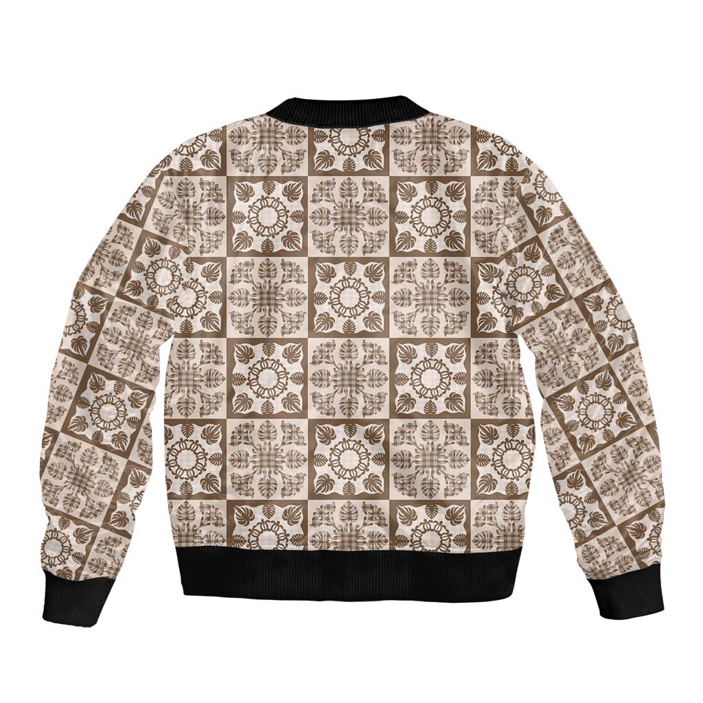 Beige Palaka Quilt Hawaii Sleeve Zip Bomber Jacket Hawaiian Tropical Monstera Sea Turtle LT14 - Polynesian Pride