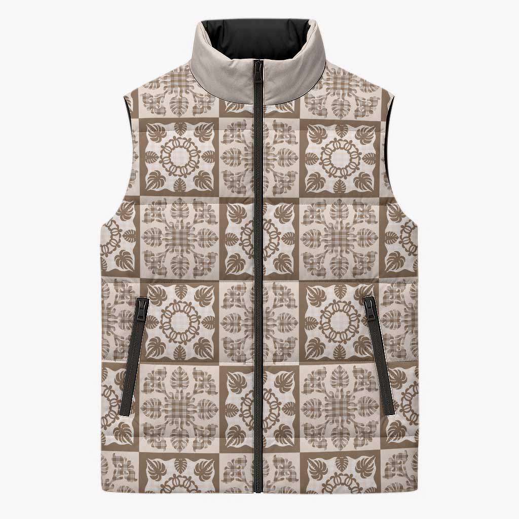 Beige Palaka Quilt Hawaii Sleeveless Puffer Jacket Hawaiian Tropical Monstera Sea Turtle LT14 Unisex Beige - Polynesian Pride