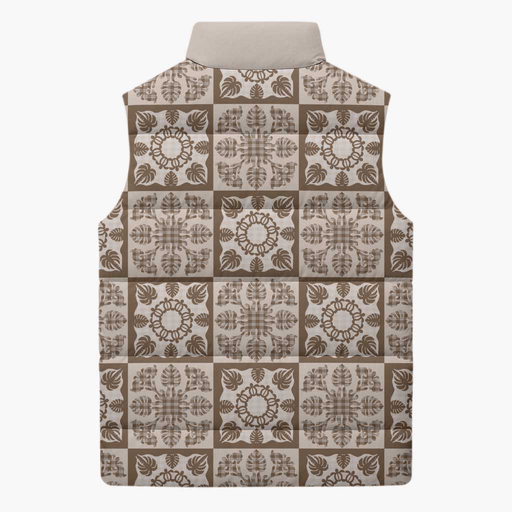 Beige Palaka Quilt Hawaii Sleeveless Puffer Jacket Hawaiian Tropical Monstera Sea Turtle LT14 - Polynesian Pride