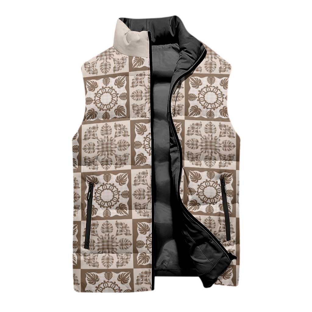 Beige Palaka Quilt Hawaii Sleeveless Puffer Jacket Hawaiian Tropical Monstera Sea Turtle LT14 - Polynesian Pride