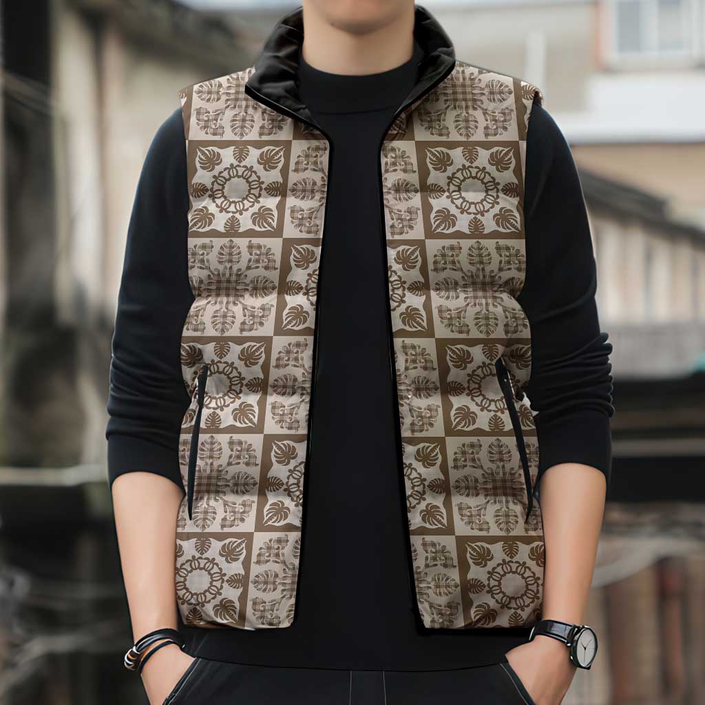 Beige Palaka Quilt Hawaii Sleeveless Puffer Jacket Hawaiian Tropical Monstera Sea Turtle LT14 - Polynesian Pride