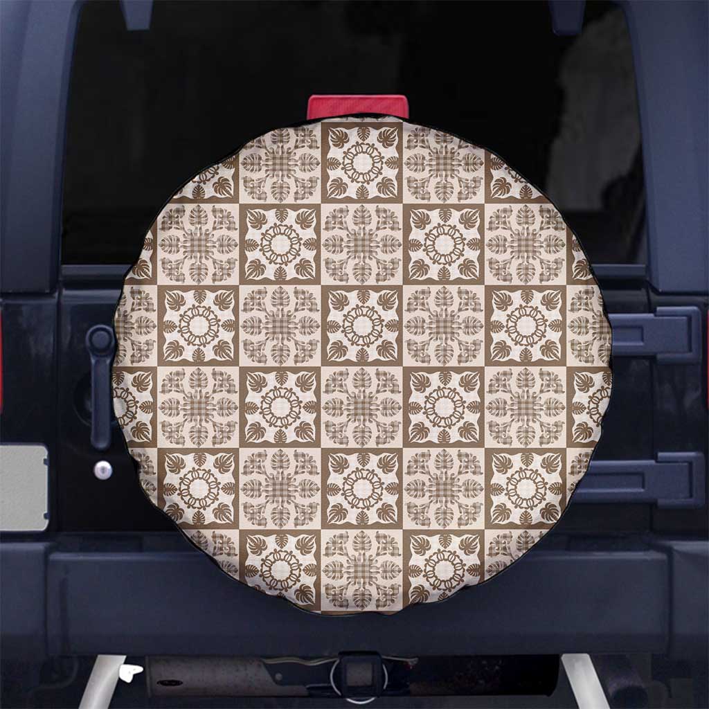 Beige Palaka Quilt Hawaii Spare Tire Cover Hawaiian Tropical Monstera Sea Turtle LT14 No hole Beige - Polynesian Pride