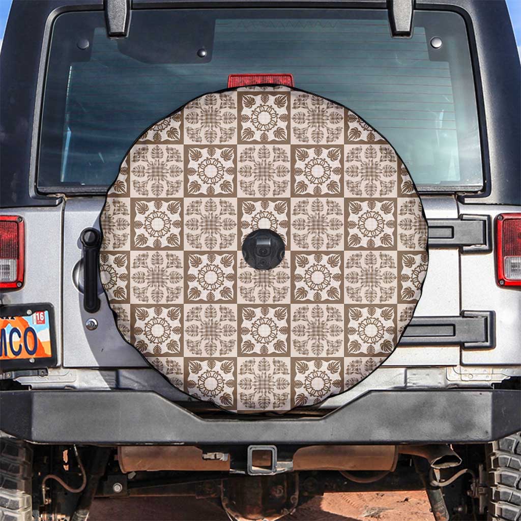 Beige Palaka Quilt Hawaii Spare Tire Cover Hawaiian Tropical Monstera Sea Turtle LT14 Beige - Polynesian Pride