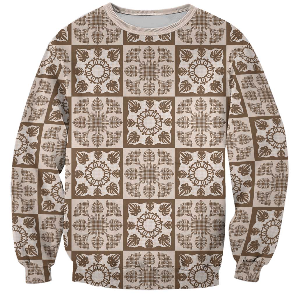 Beige Palaka Quilt Hawaii Sweatshirt Hawaiian Tropical Monstera Sea Turtle LT14 Unisex Beige - Polynesian Pride