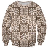 Beige Palaka Quilt Hawaii Sweatshirt Hawaiian Tropical Monstera Sea Turtle LT14 Unisex Beige - Polynesian Pride