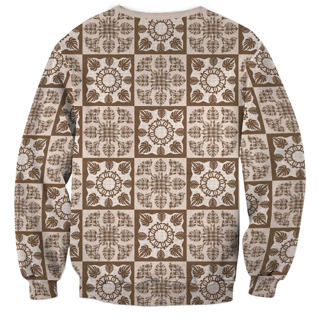 Beige Palaka Quilt Hawaii Sweatshirt Hawaiian Tropical Monstera Sea Turtle LT14 - Polynesian Pride
