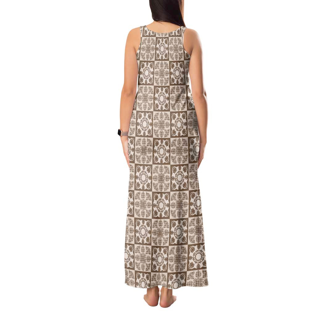 Beige Palaka Quilt Hawaii Tank Maxi Dress Hawaiian Tropical Monstera Sea Turtle LT14 - Polynesian Pride