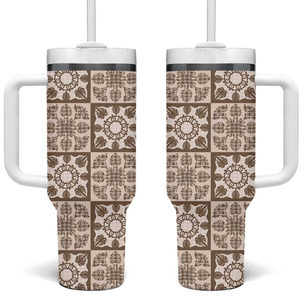 Beige Palaka Quilt Hawaii Tumbler With Handle Hawaiian Tropical Monstera Sea Turtle LT14 One Size: 40 oz Beige - Polynesian Pride