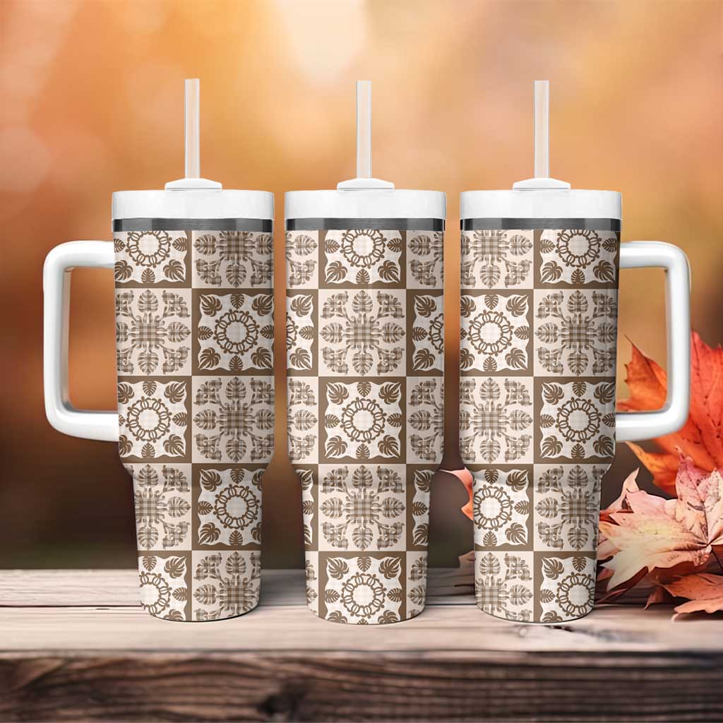 Beige Palaka Quilt Hawaii Tumbler With Handle Hawaiian Tropical Monstera Sea Turtle LT14 - Polynesian Pride
