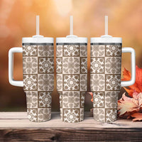 Beige Palaka Quilt Hawaii Tumbler With Handle Hawaiian Tropical Monstera Sea Turtle LT14 - Polynesian Pride
