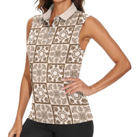 Beige Palaka Quilt Hawaii Women Sleeveless Polo Shirt Hawaiian Tropical Monstera Sea Turtle