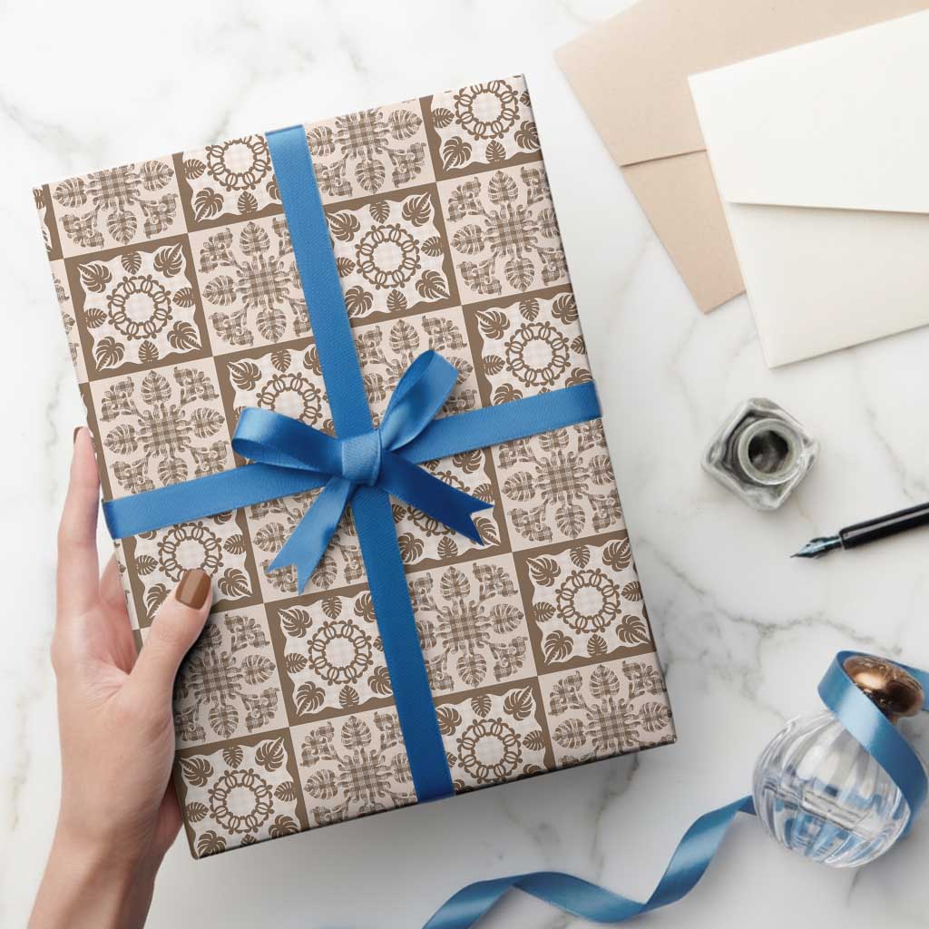 Beige Palaka Quilt Hawaii Wrapping Paper Hawaiian Tropical Monstera Sea Turtle LT14 - Polynesian Pride