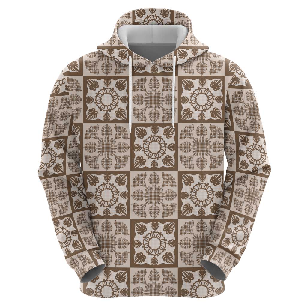 Beige Palaka Quilt Hawaii Zip Hoodie Hawaiian Tropical Monstera Sea Turtle LT14 - Polynesian Pride