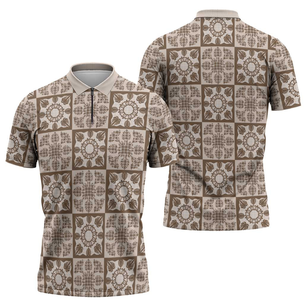 Beige Palaka Quilt Hawaii Zipper Polo Shirt Hawaiian Tropical Monstera Sea Turtle LT14 - Polynesian Pride