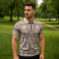 Beige Palaka Quilt Hawaii Zipper Polo Shirt Hawaiian Tropical Monstera Sea Turtle LT14 - Polynesian Pride