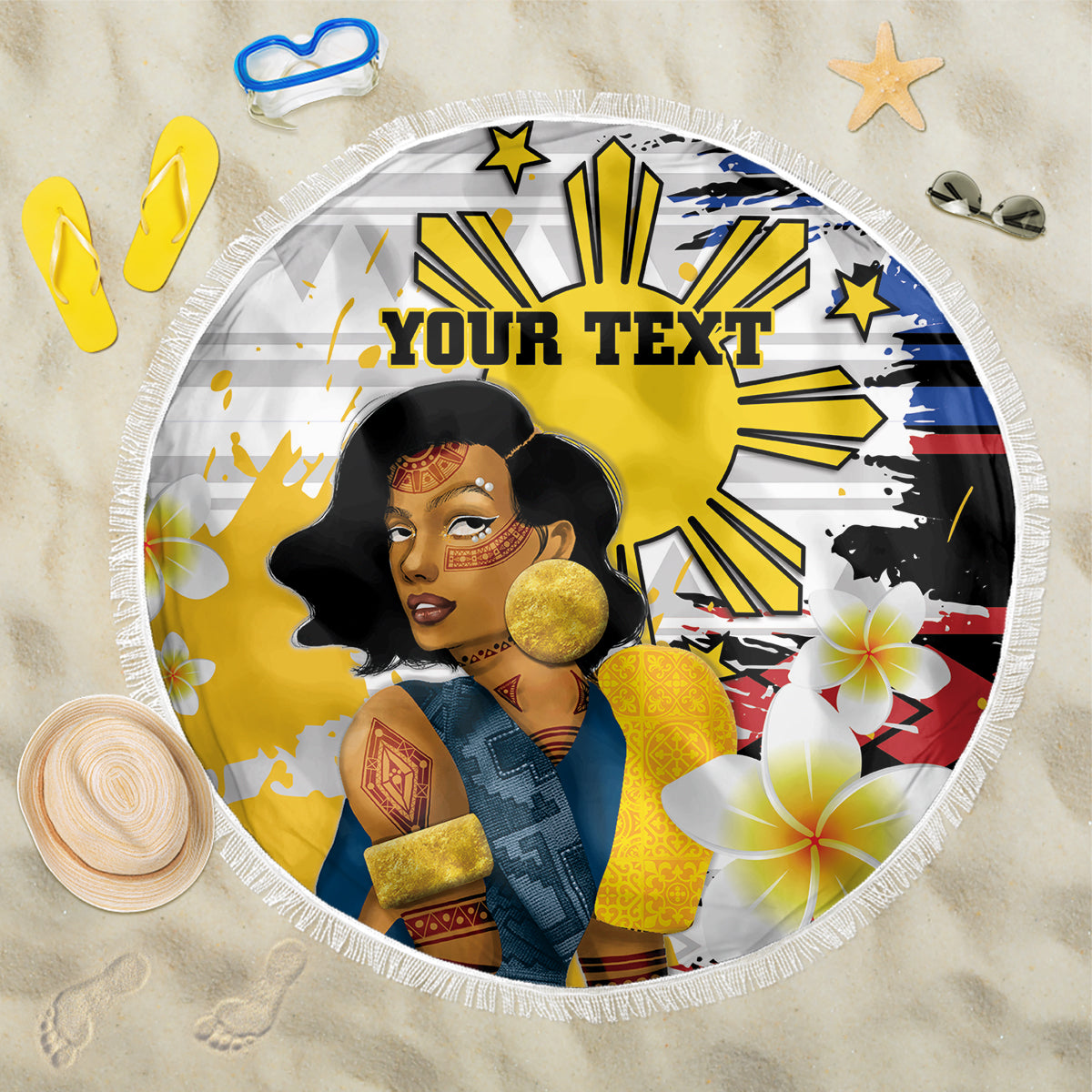 Personalised Philippines Women's Day Beach Blanket Filipino Golden Sun With Polynesian Pattern